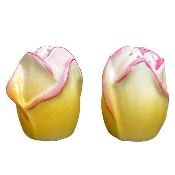 Vintage Yellow & Pink Rose Bud Floral Salt & Pepper Shakers Set Made In England - Picture 1 of 7